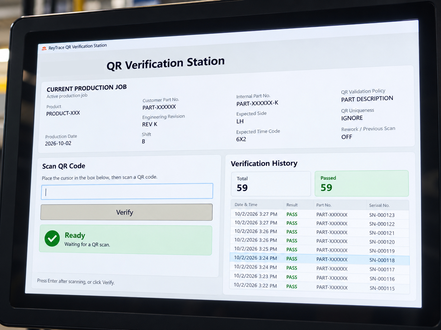 ReyTrace QR verification station deployed on an industrial production line