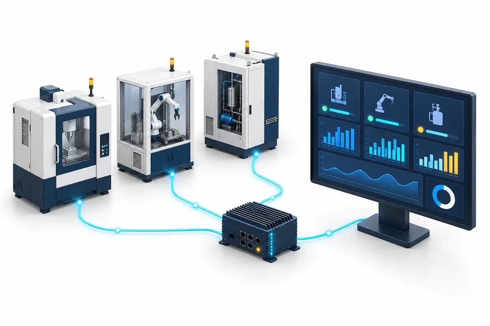 Machine signals connected through an edge gateway to a dashboard