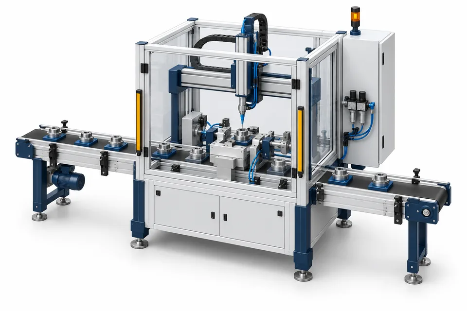 Guarded assembly and dispensing cell with a conveyor and control cabinet