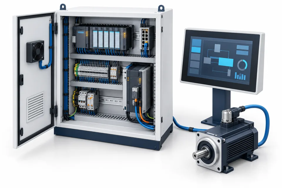 PLC control cabinet, touchscreen HMI and servo motor